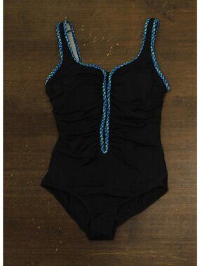 Shape Solver Shirred Zipper Tank One Piece Swimsuit 80005019 Black / Blue 12